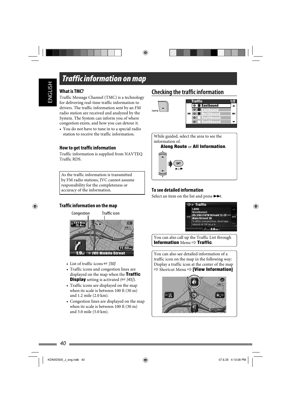 Traffic information on map, Checking the traffic information, 40 english | JVC KD-NXD505J User Manual | Page 40 / 357