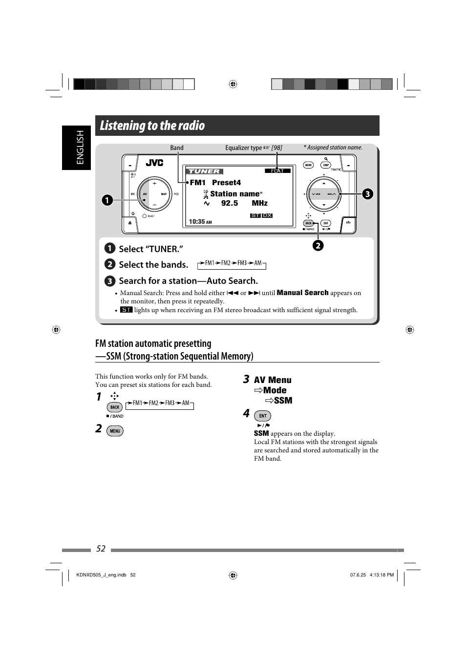 Listening to the radio | JVC KD-NXD505J User Manual | Page 52 / 357