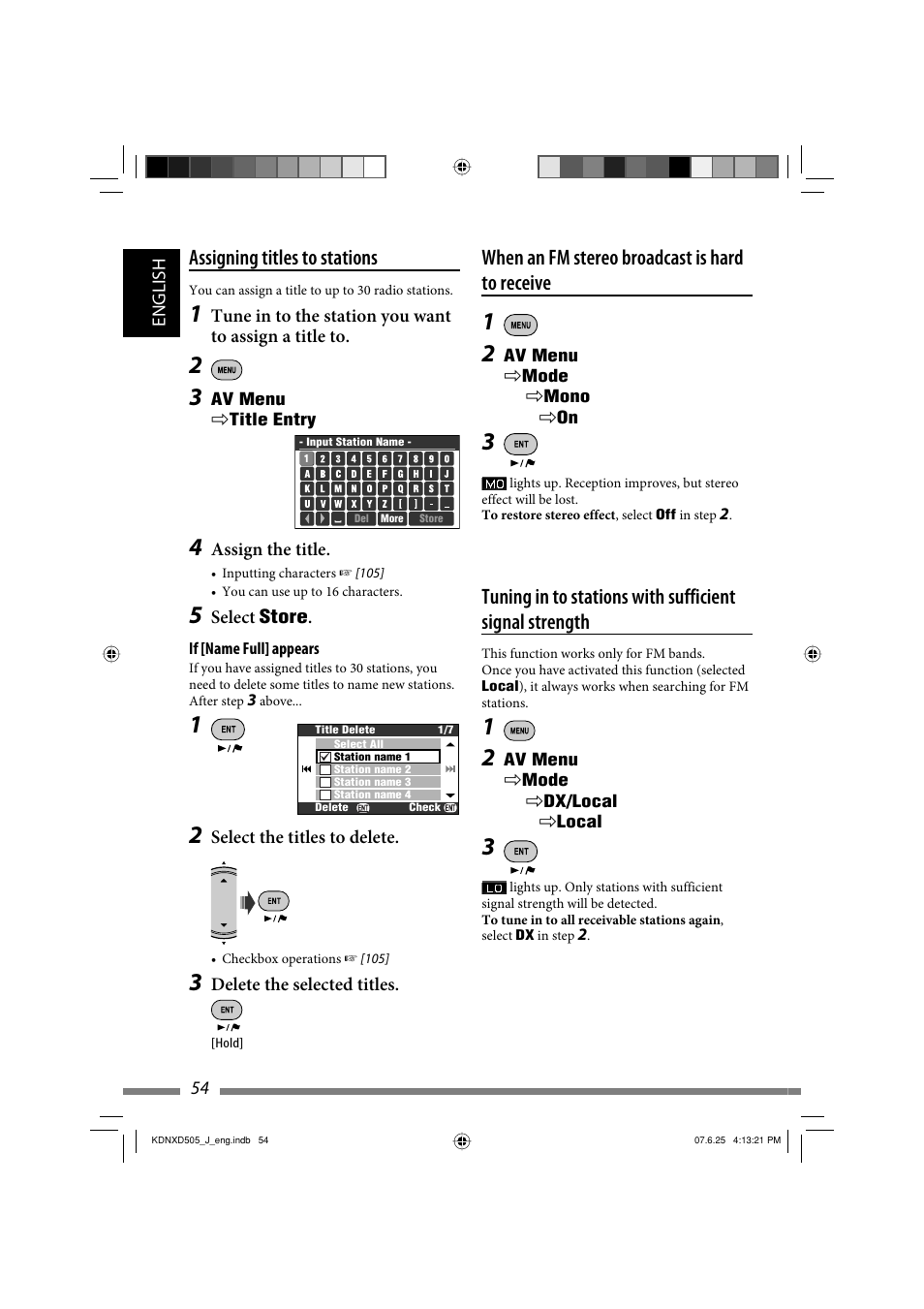 When an fm stereo broadcast is hard to receive, Assigning titles to stations | JVC KD-NXD505J User Manual | Page 54 / 357