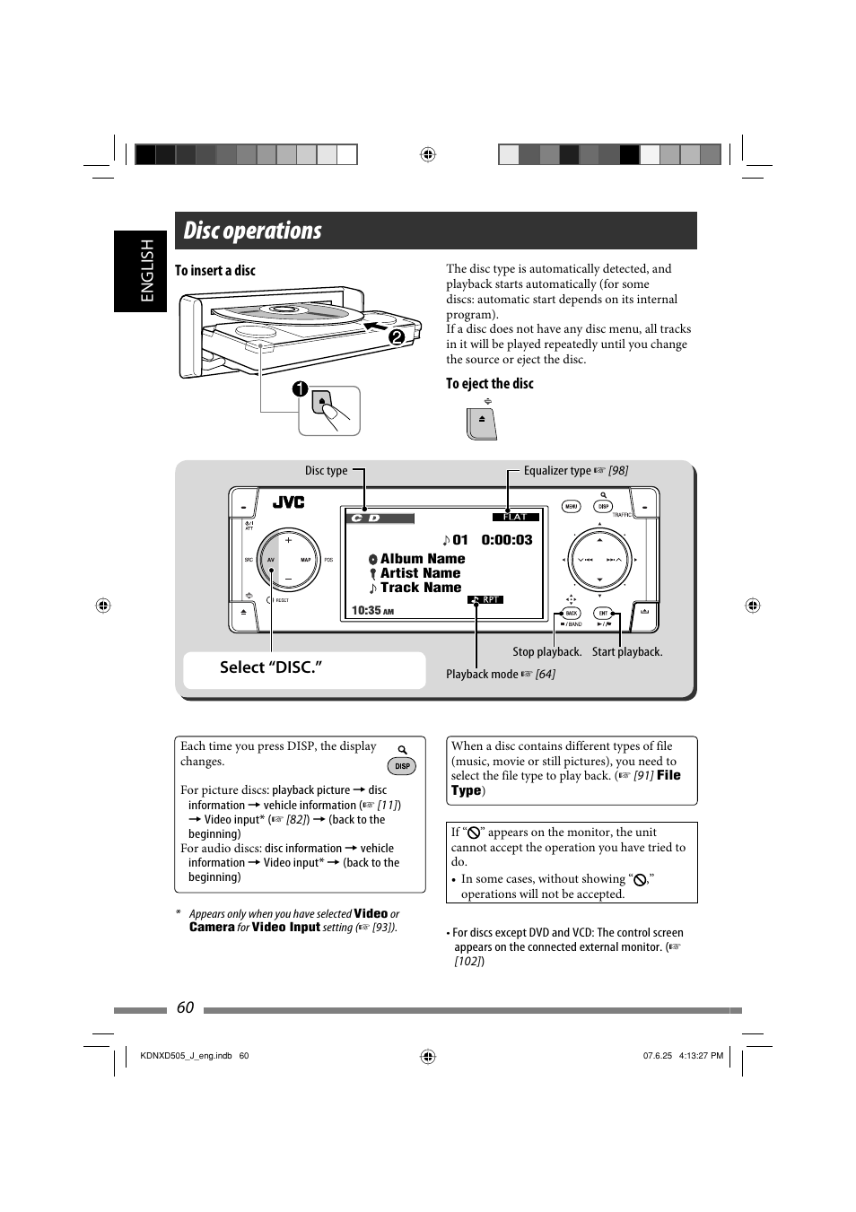 Disc operations, English 60, Select “disc | JVC KD-NXD505J User Manual | Page 60 / 357