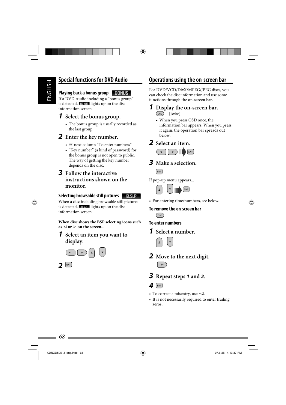 Operations using the on-screen bar, Special functions for dvd audio | JVC KD-NXD505J User Manual | Page 68 / 357