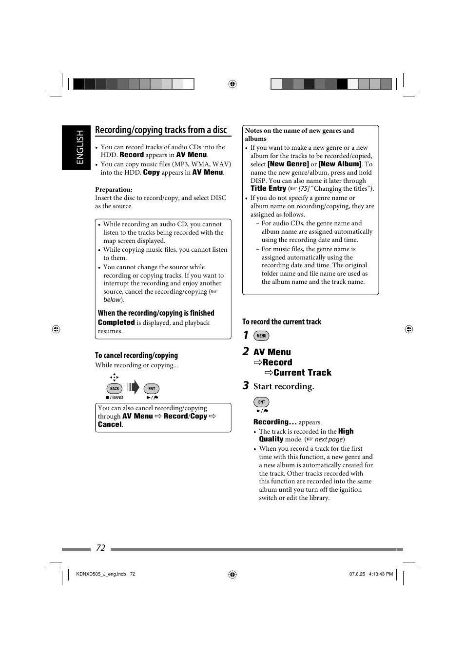 Recording/copying tracks from a disc, English 72, Start recording | JVC KD-NXD505J User Manual | Page 72 / 357