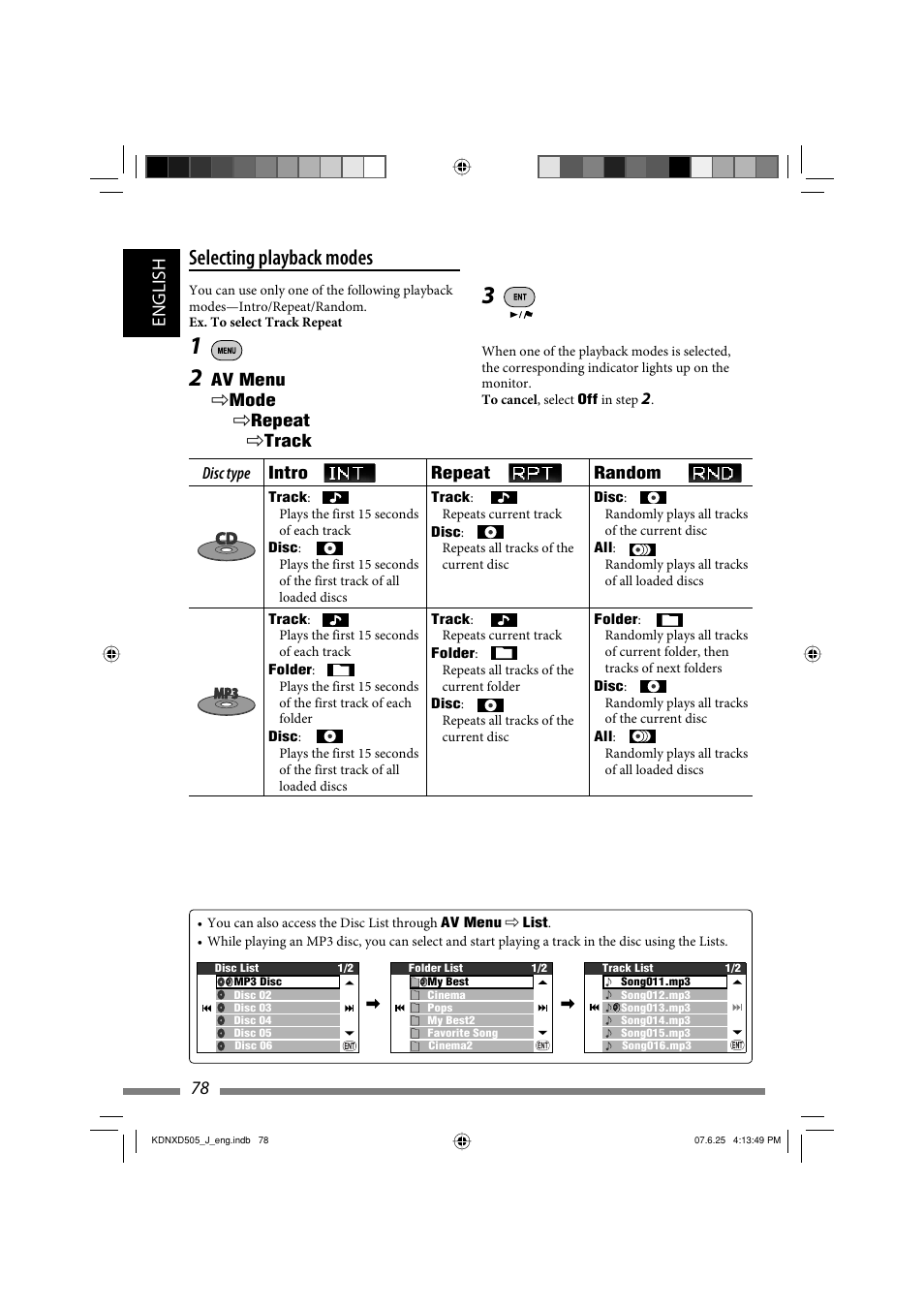 Selecting playback modes, English 78 | JVC KD-NXD505J User Manual | Page 78 / 357