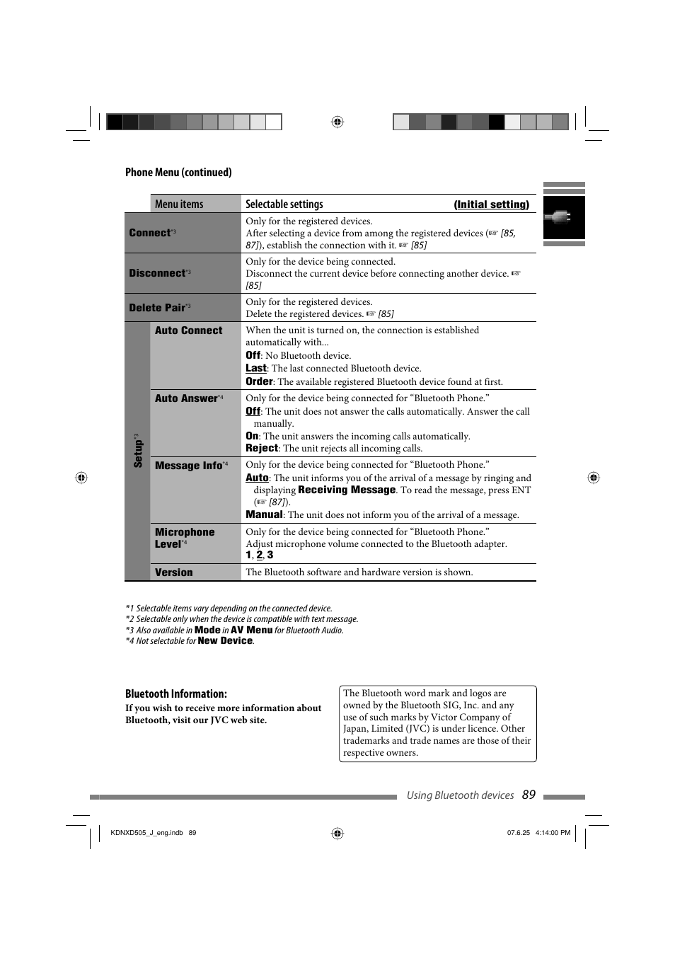 Menu items selectable settings, Phone menu (continued) bluetooth information | JVC KD-NXD505J User Manual | Page 89 / 357