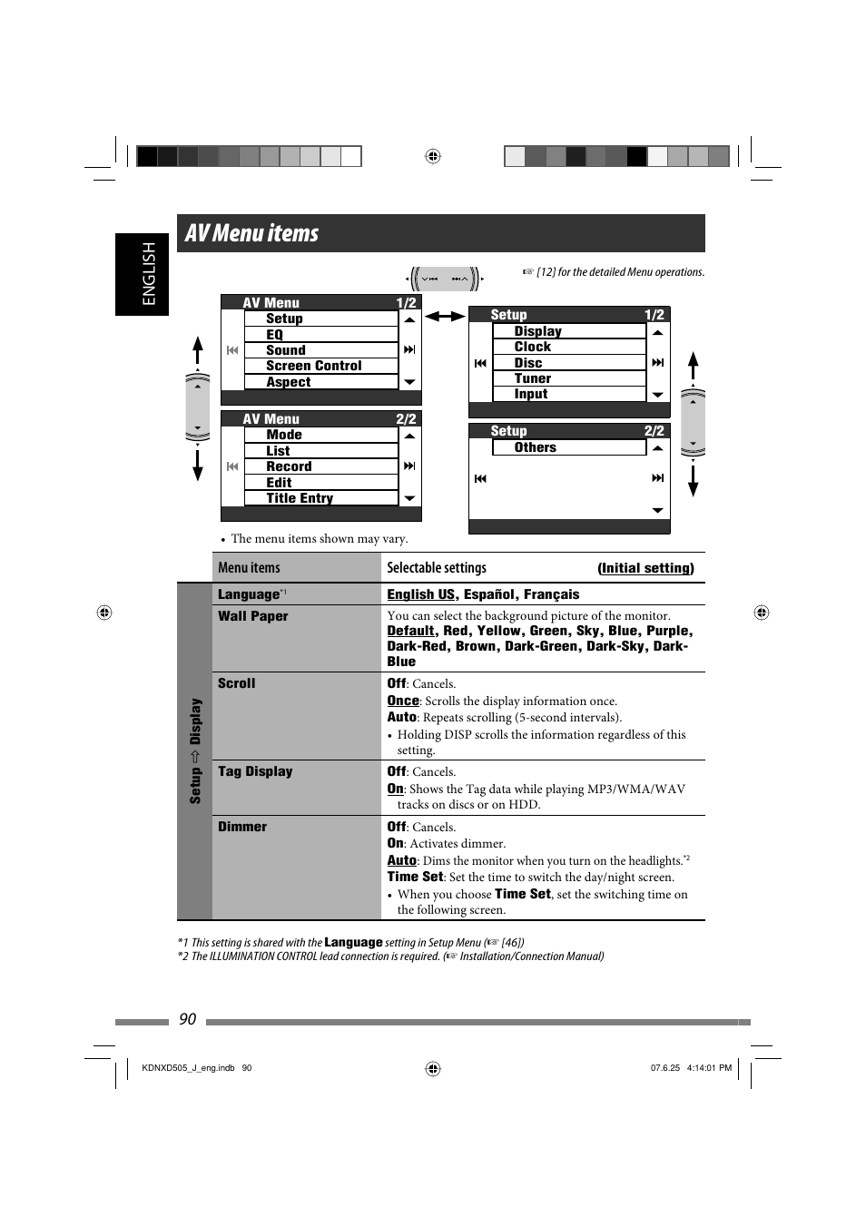 Av menu items, English 90 | JVC KD-NXD505J User Manual | Page 90 / 357