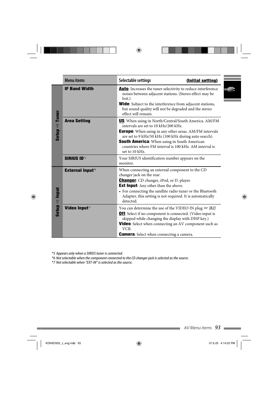 Menu items selectable settings | JVC KD-NXD505J User Manual | Page 93 / 357