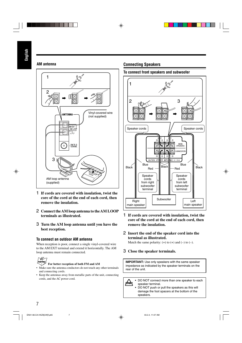 Connecting speakers | JVC CA-HXZ9 User Manual | Page 12 / 34