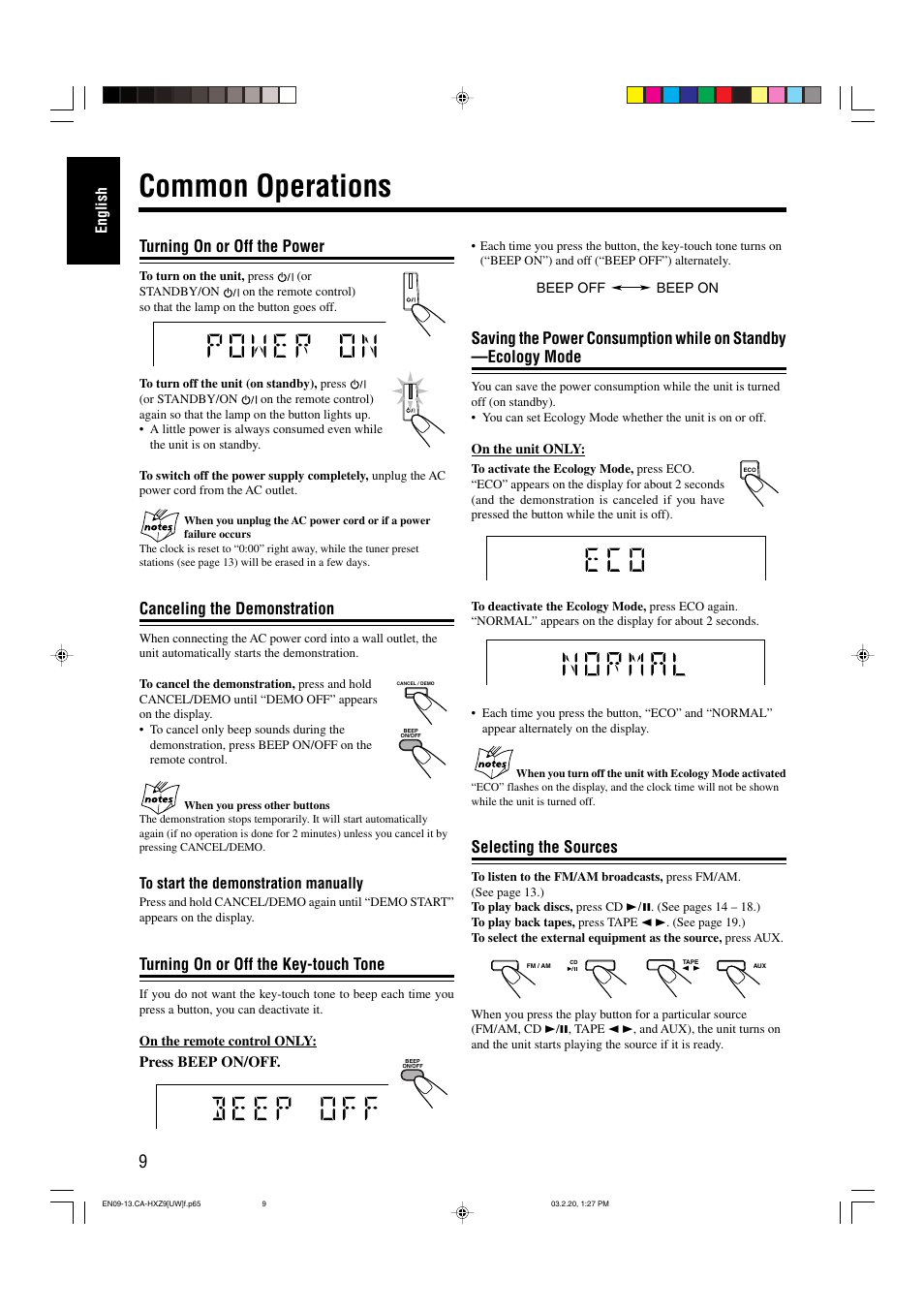 Common operations, Turning on or off the power, Canceling the demonstration | Turning on or off the key-touch tone, Selecting the sources | JVC CA-HXZ9 User Manual | Page 14 / 34