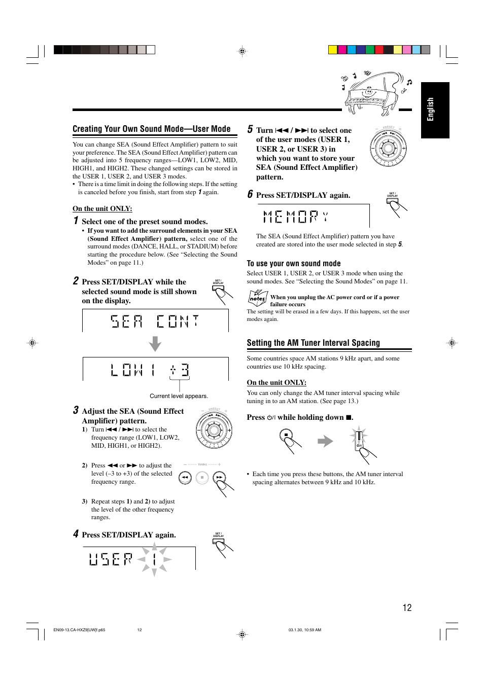 Creating your own sound mode—user mode, Setting the am tuner interval spacing | JVC CA-HXZ9 User Manual | Page 17 / 34