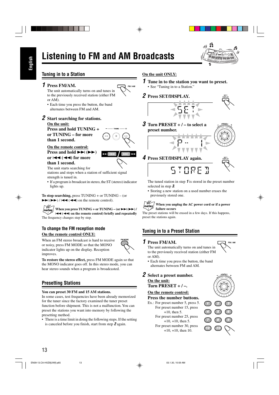 Listening to fm and am broadcasts, Tuning in to a station, Presetting stations | Tuning in to a preset station | JVC CA-HXZ9 User Manual | Page 18 / 34