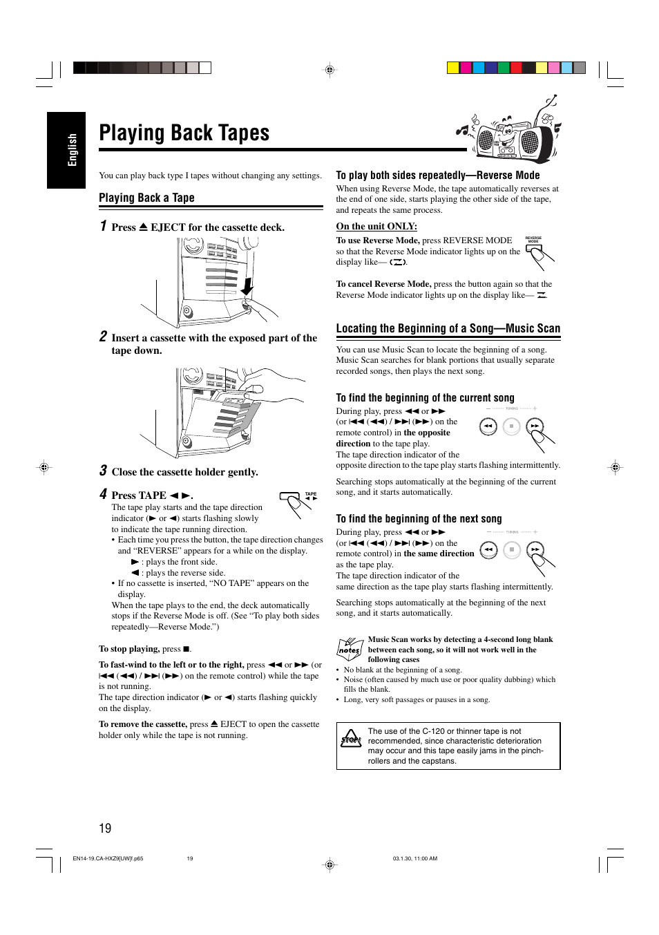 Playing back tapes, Playing back a tape, Locating the beginning of a song—music scan | JVC CA-HXZ9 User Manual | Page 24 / 34