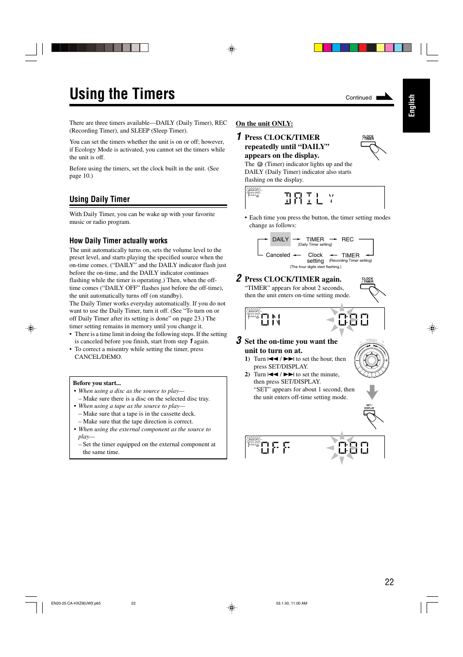 Using the timers, Using daily timer | JVC CA-HXZ9 User Manual | Page 27 / 34