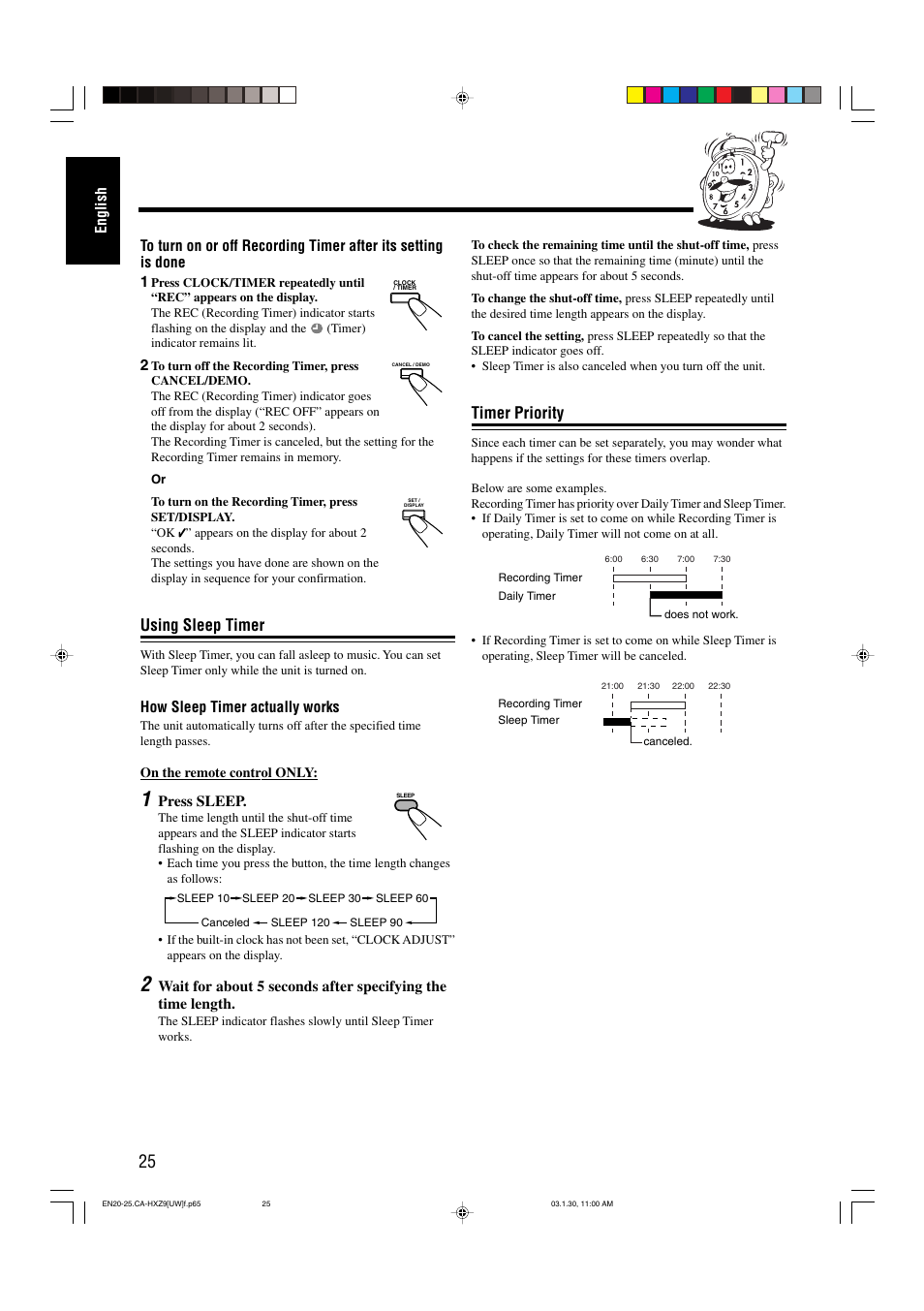 Using sleep timer, Timer priority | JVC CA-HXZ9 User Manual | Page 30 / 34