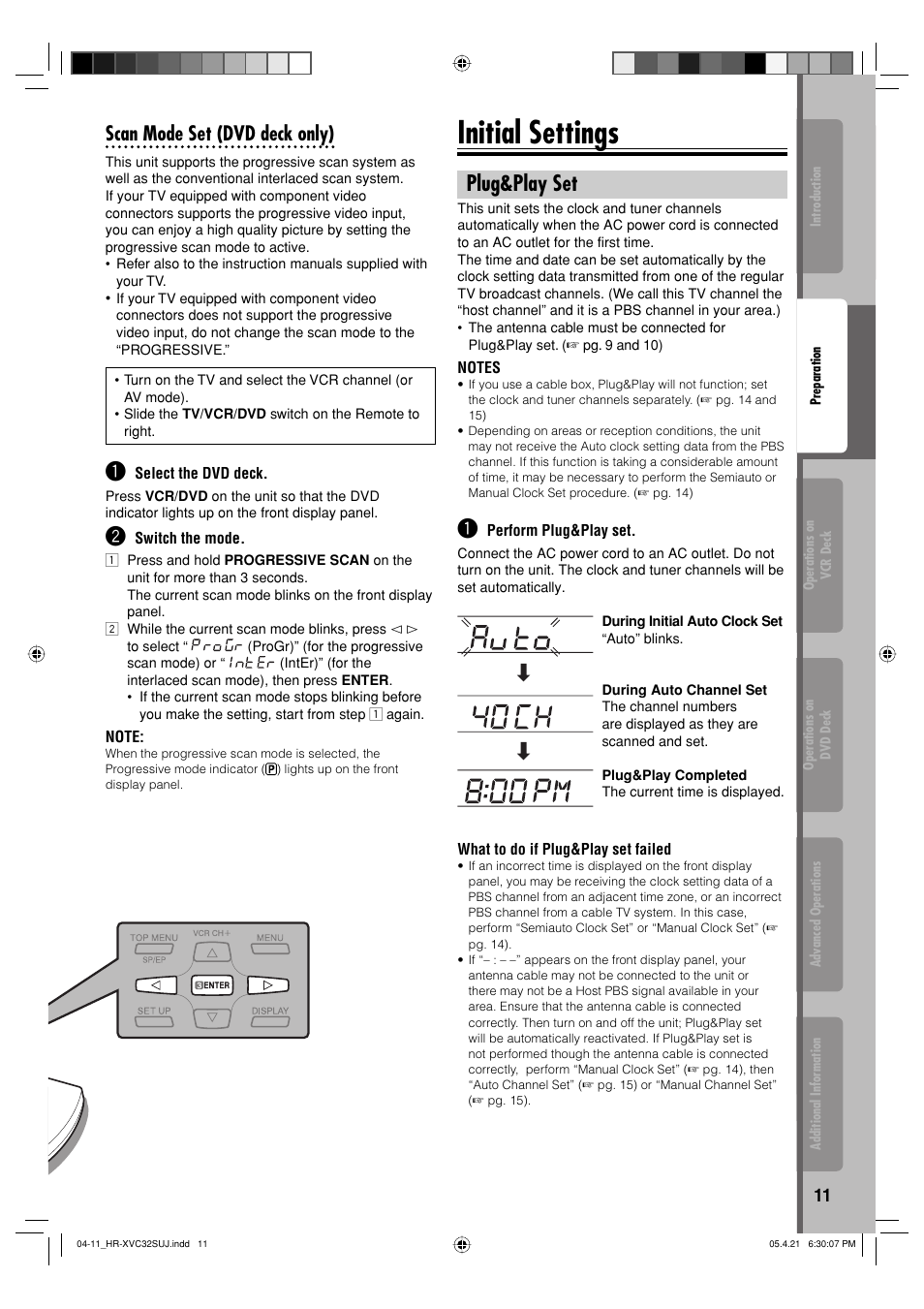 Initial settings, Plug&play set, Scan mode set (dvd deck only) | JVC HR-XVC32SUJ User Manual | Page 11 / 40