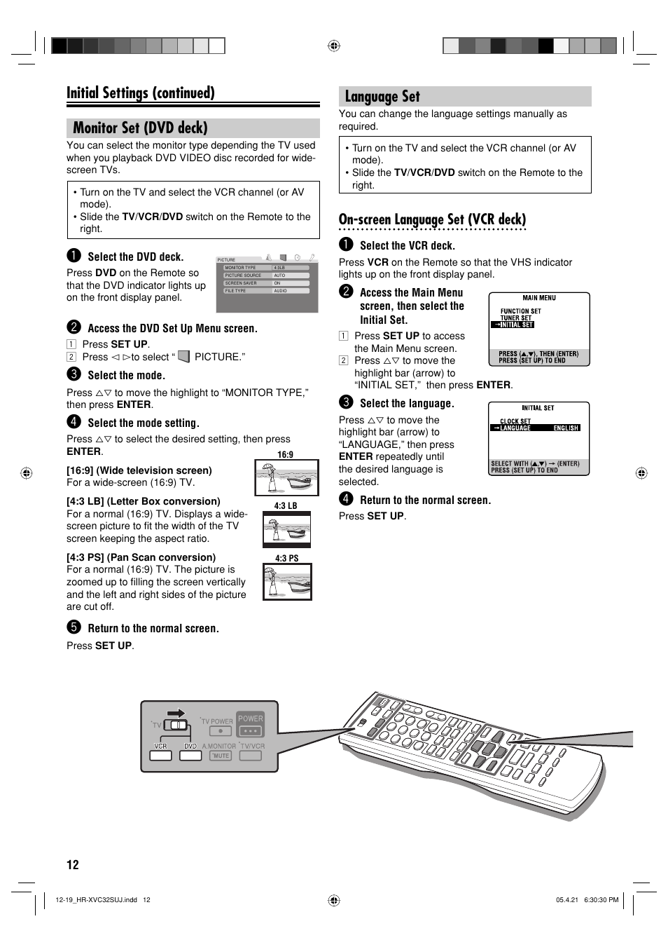 Monitor set (dvd deck), Language set, On-screen language set (vcr deck) | JVC HR-XVC32SUJ User Manual | Page 12 / 40