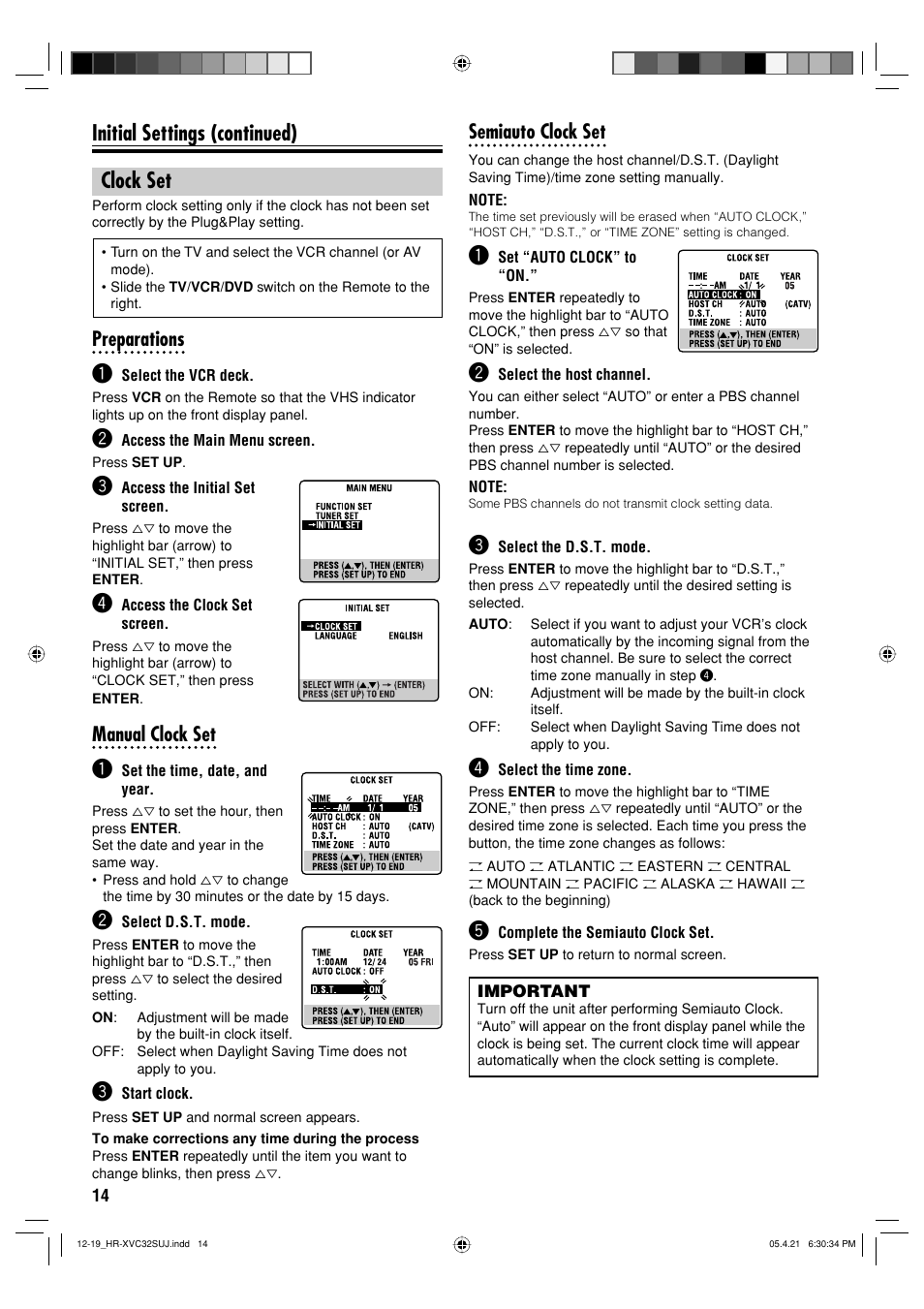 Clock set, Initial settings (continued) clock set, Preparations | Manual clock set, Semiauto clock set | JVC HR-XVC32SUJ User Manual | Page 14 / 40