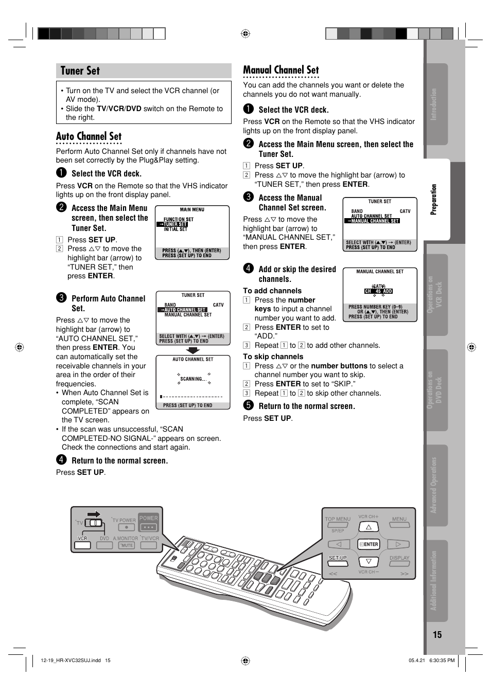 Tuner set, Auto channel set, Manual channel set | JVC HR-XVC32SUJ User Manual | Page 15 / 40