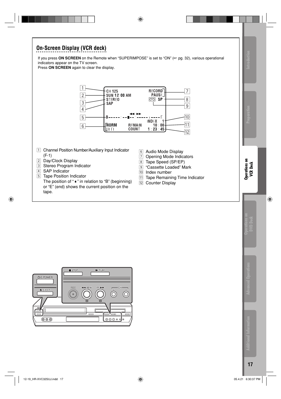 On-screen display (vcr deck) | JVC HR-XVC32SUJ User Manual | Page 17 / 40