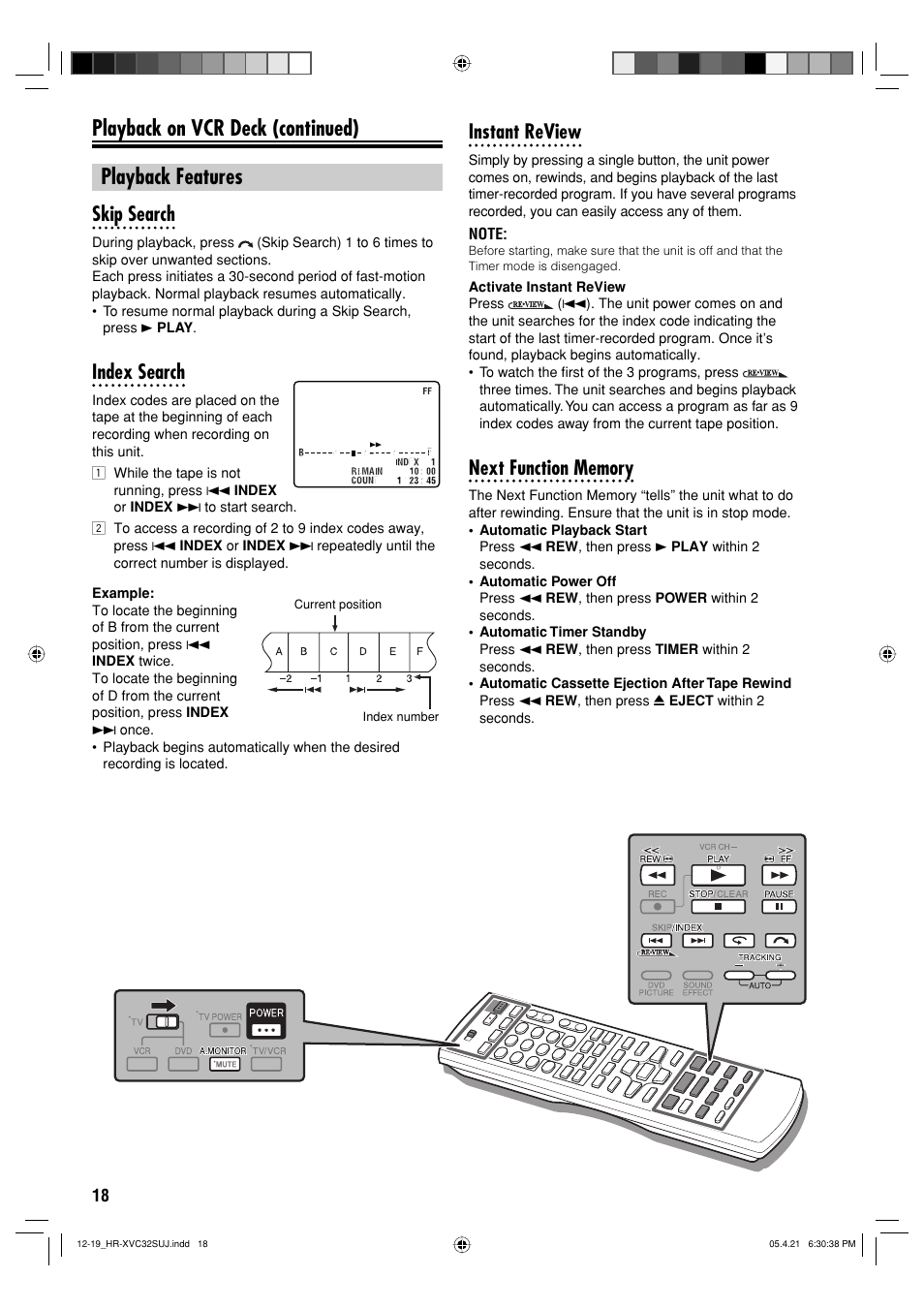 Playback features, Playback on vcr deck (continued) playback features, Instant review | Skip search, Index search | JVC HR-XVC32SUJ User Manual | Page 18 / 40