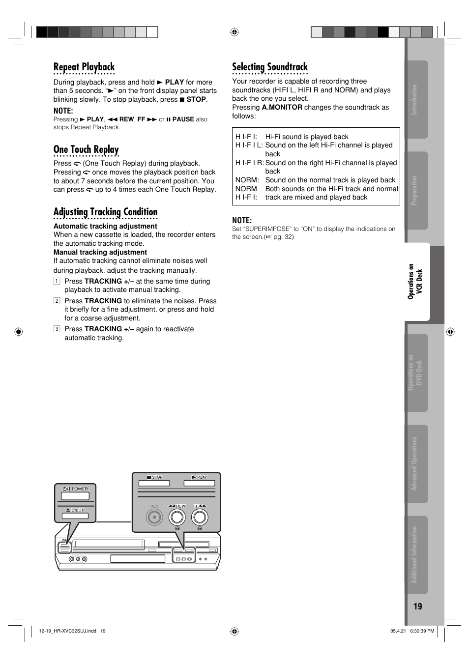 Selecting soundtrack, Repeat playback, One touch replay | Adjusting tracking condition | JVC HR-XVC32SUJ User Manual | Page 19 / 40