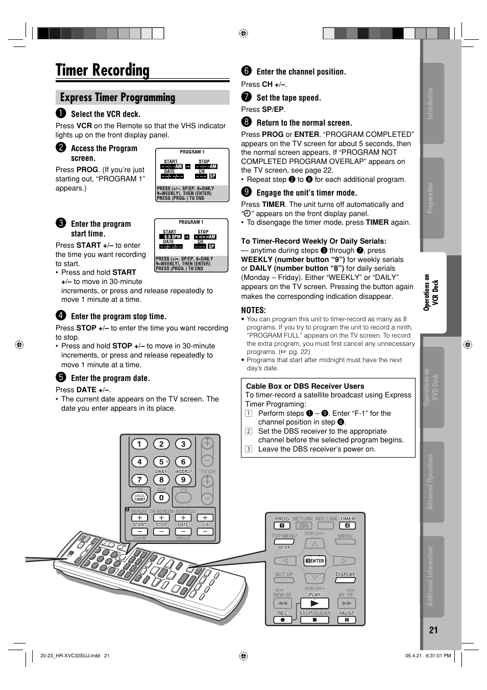 Timer recording, Express timer programming | JVC HR-XVC32SUJ User Manual | Page 21 / 40