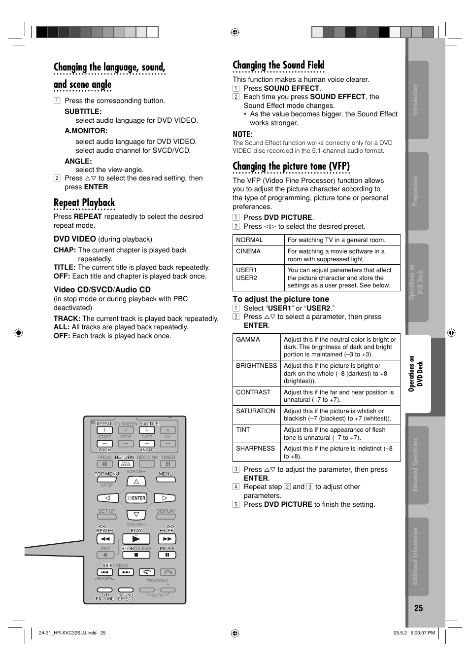 Changing the language, sound, and scene angle, Repeat playback, Changing the sound field | Changing the picture tone (vfp) | JVC HR-XVC32SUJ User Manual | Page 25 / 40