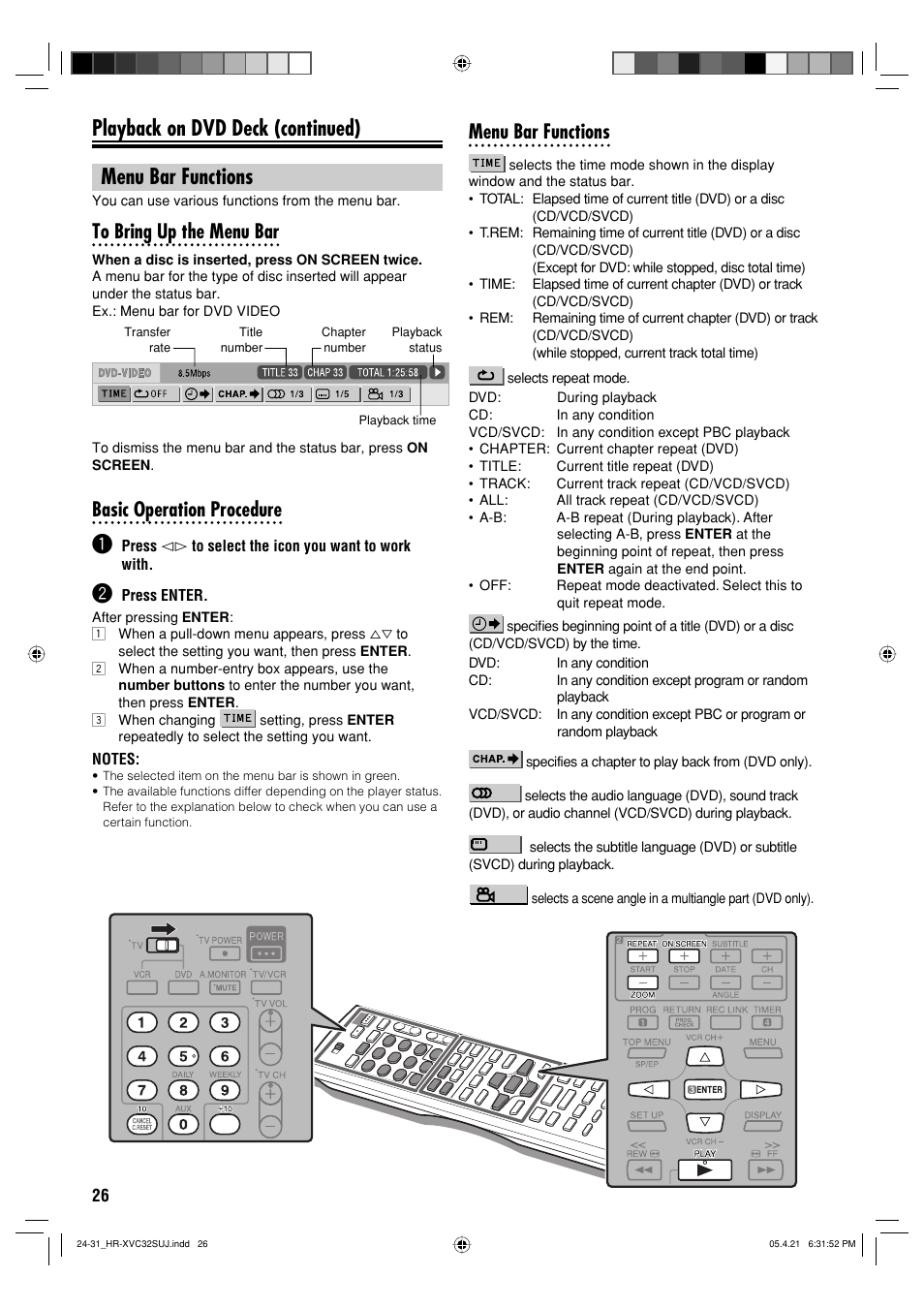 Menu bar functions, Basic operation procedure | JVC HR-XVC32SUJ User Manual | Page 26 / 40