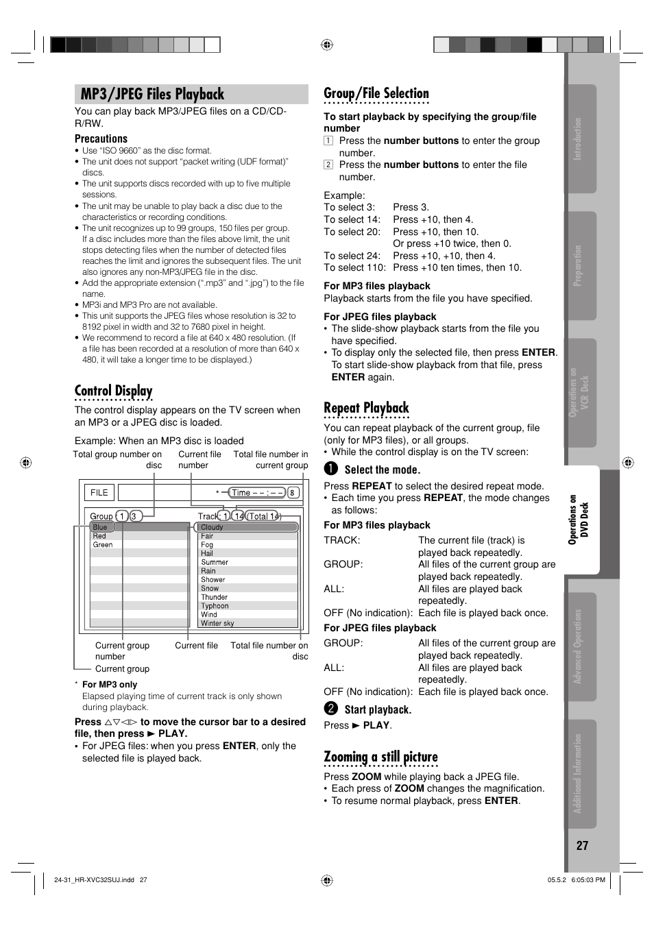 Mp3/jpeg files playback, Control display, Group/file selection | Repeat playback, Zooming a still picture | JVC HR-XVC32SUJ User Manual | Page 27 / 40