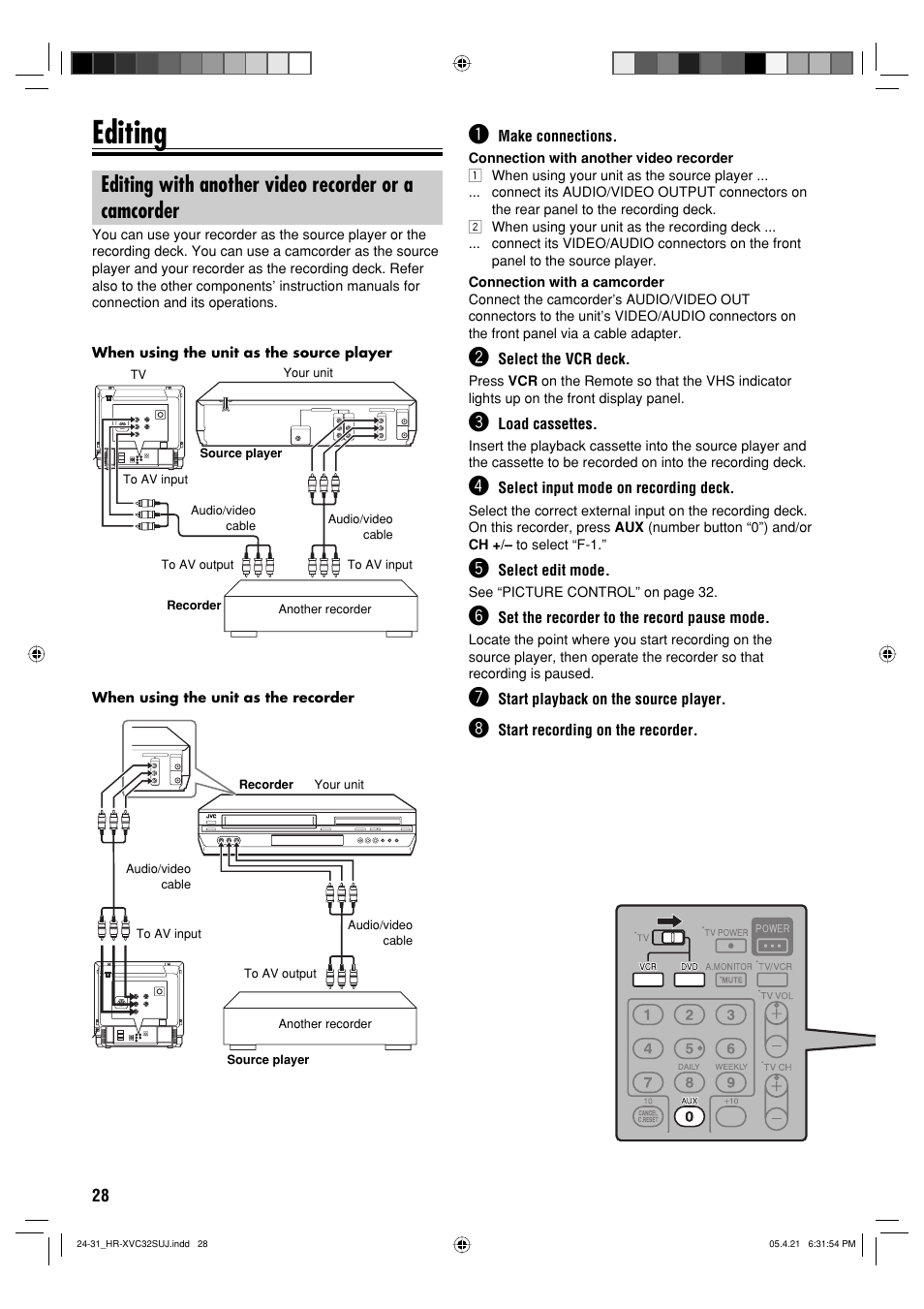 Advanced operations, Editing, Editing with another video recorder or a camcorder | JVC HR-XVC32SUJ User Manual | Page 28 / 40