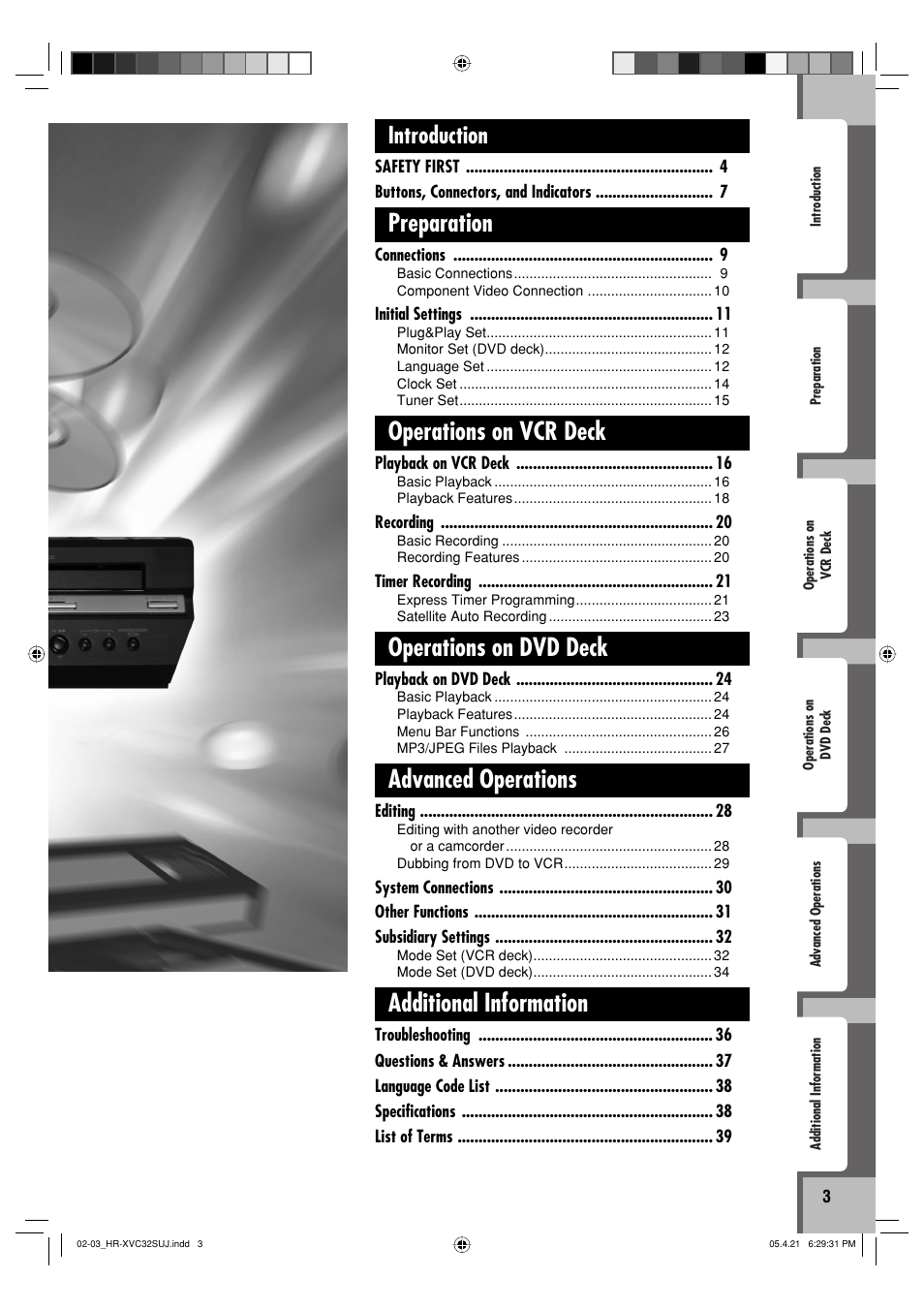 Preparation, Operations on vcr deck, Operations on dvd deck | Advanced operations, Additional information, Introduction | JVC HR-XVC32SUJ User Manual | Page 3 / 40