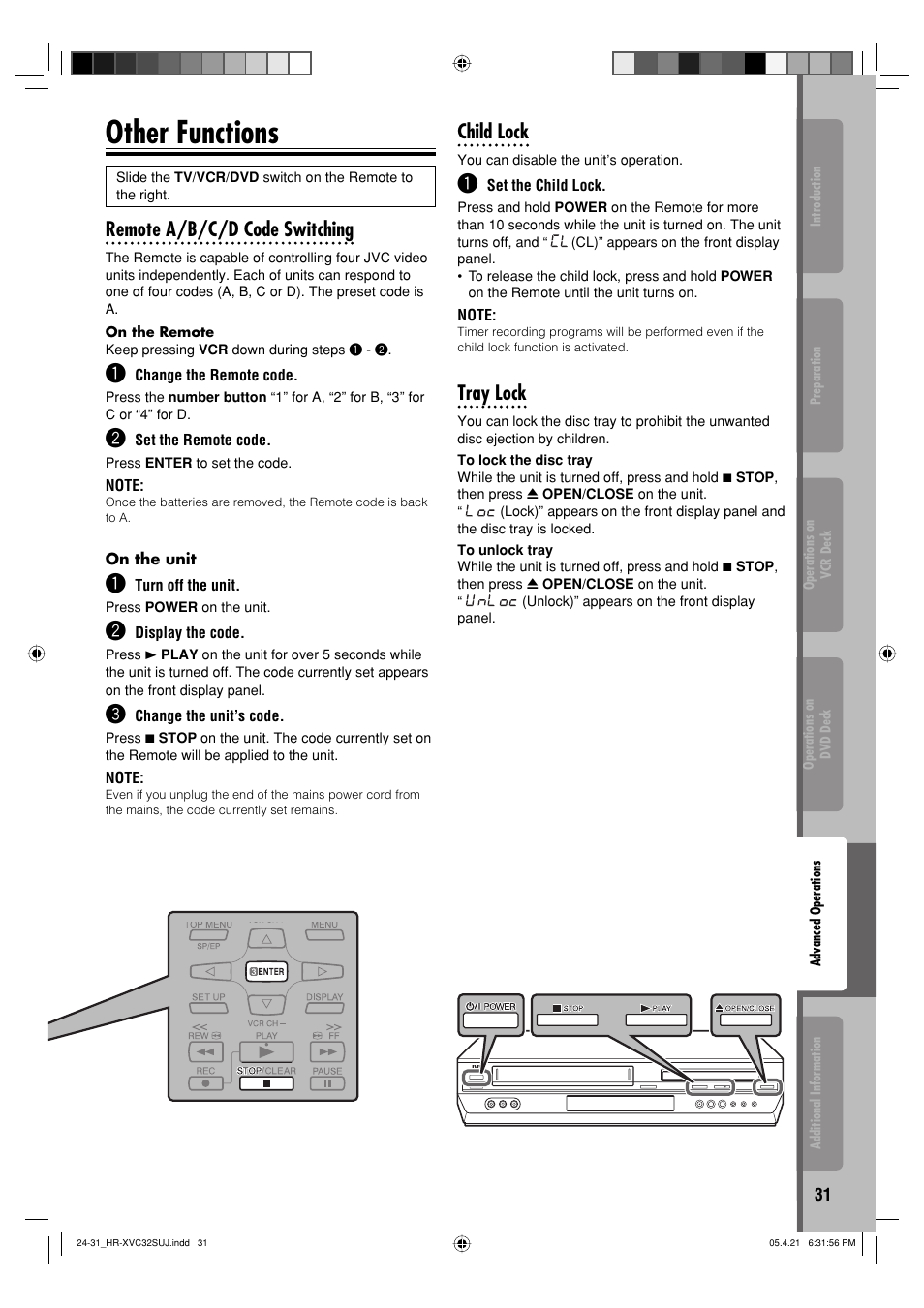 Other functions, Child lock, Tray lock | Remote a/b/c/d code switching | JVC HR-XVC32SUJ User Manual | Page 31 / 40