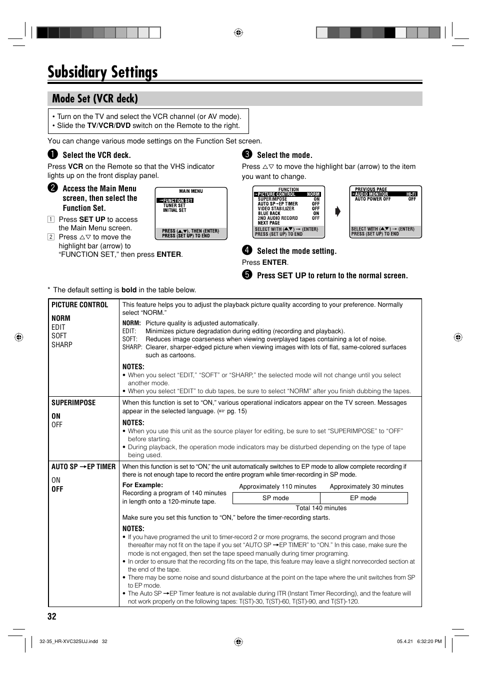 Subsidiary settings, Mode set (vcr deck) | JVC HR-XVC32SUJ User Manual | Page 32 / 40