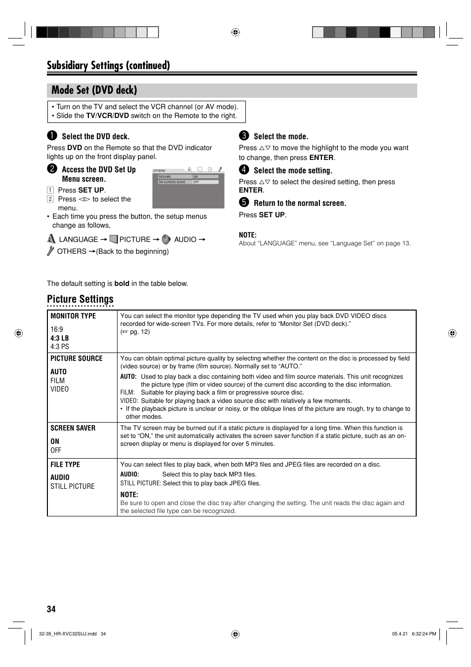 Mode set (dvd deck), Picture settings | JVC HR-XVC32SUJ User Manual | Page 34 / 40