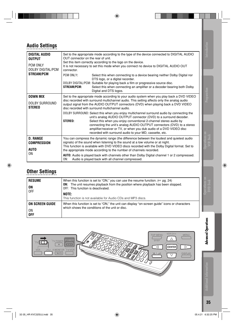 Audio settings, Other settings | JVC HR-XVC32SUJ User Manual | Page 35 / 40