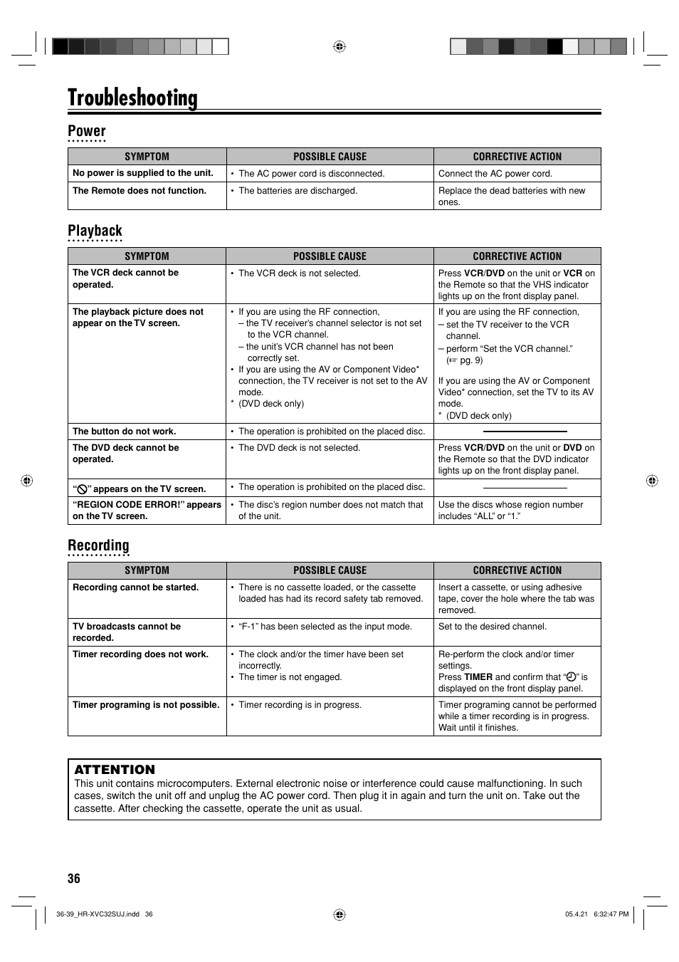 Additional information, Troubleshooting, Power | Playback, Recording, Attention | JVC HR-XVC32SUJ User Manual | Page 36 / 40