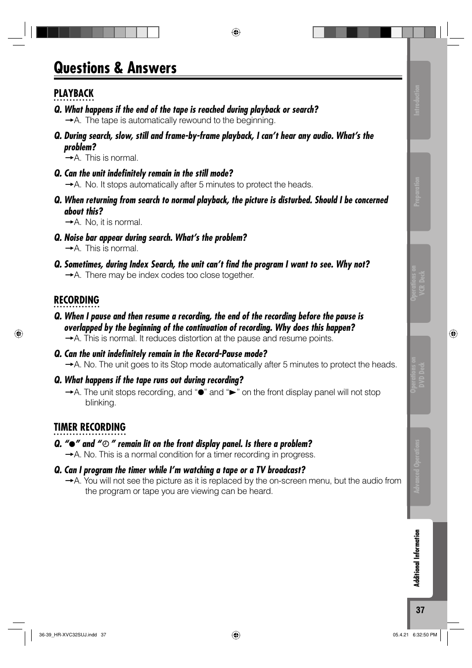 Questions & answers | JVC HR-XVC32SUJ User Manual | Page 37 / 40