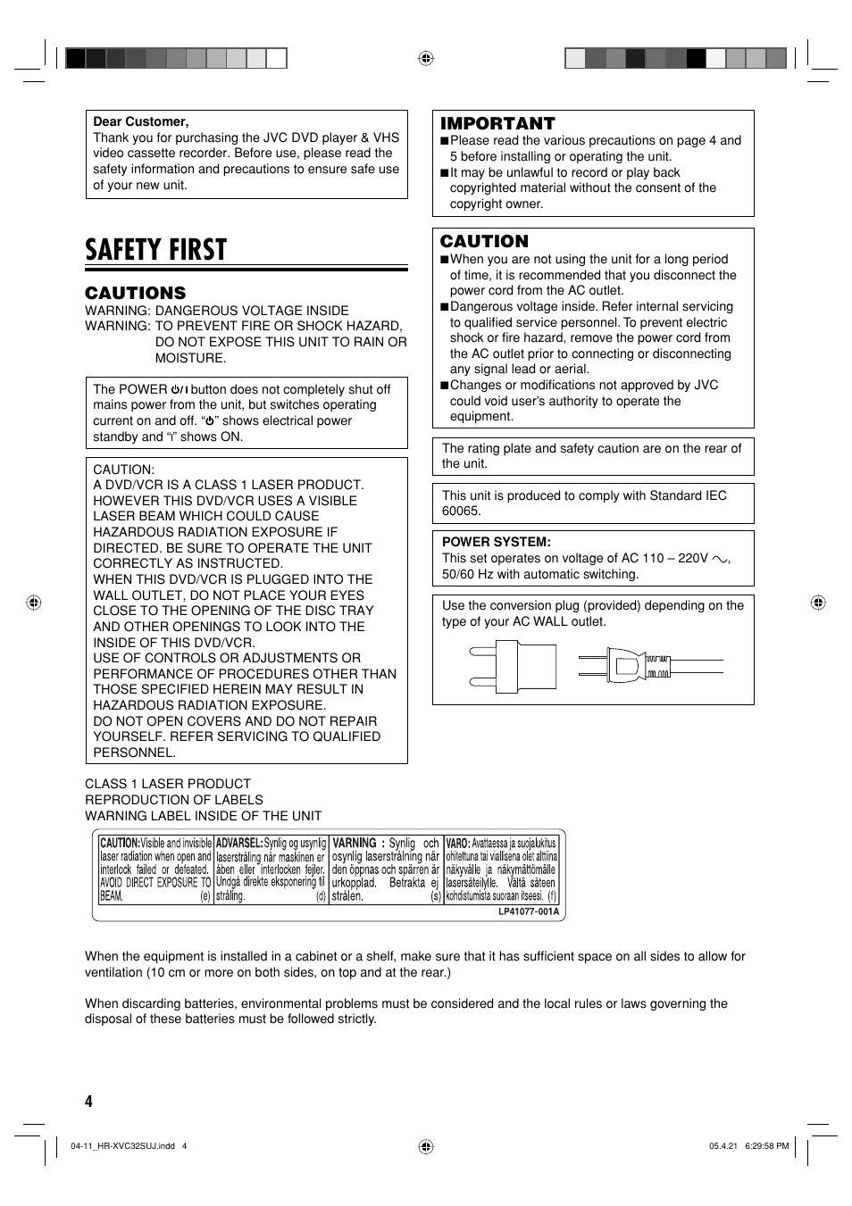 Introduction, Safety first, Important | Caution, Cautions | JVC HR-XVC32SUJ User Manual | Page 4 / 40