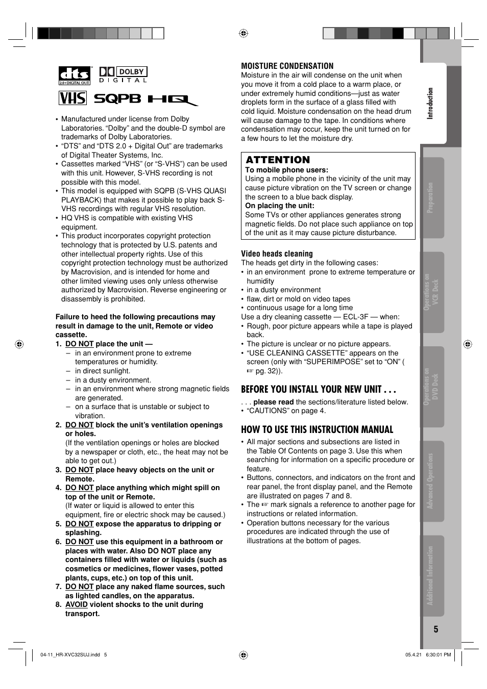 Attention, Before you install your new unit, How to use this instruction manual | JVC HR-XVC32SUJ User Manual | Page 5 / 40