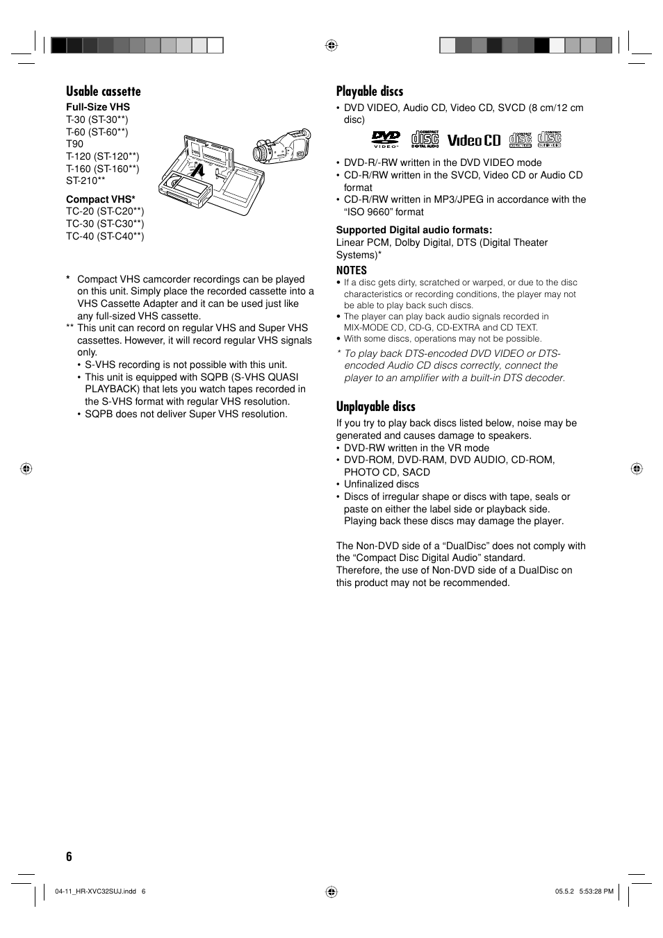 Playable discs, Unplayable discs, Usable cassette | JVC HR-XVC32SUJ User Manual | Page 6 / 40