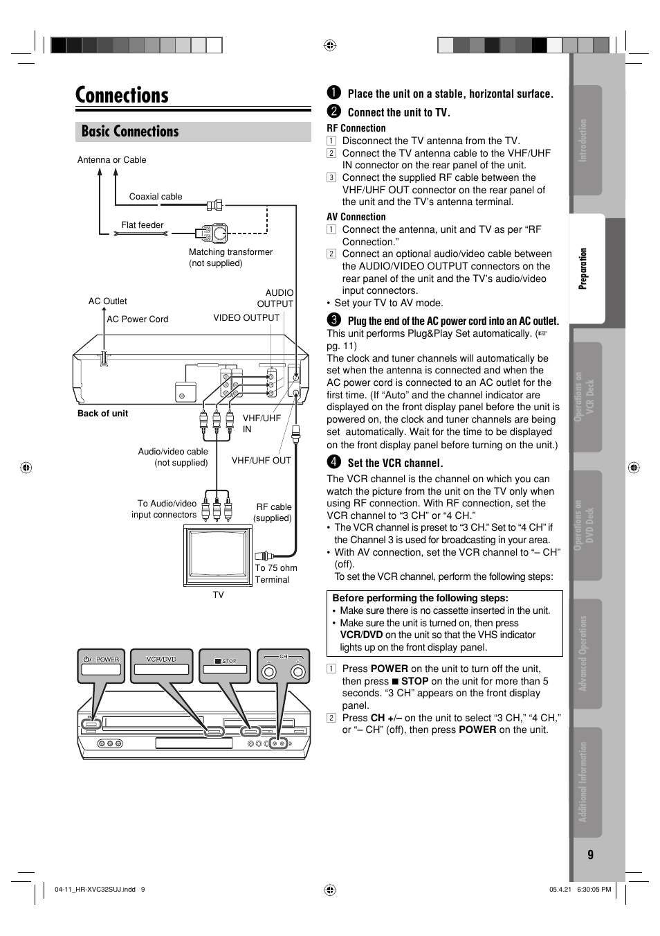 Preparation, Connections, Basic connections | JVC HR-XVC32SUJ User Manual | Page 9 / 40