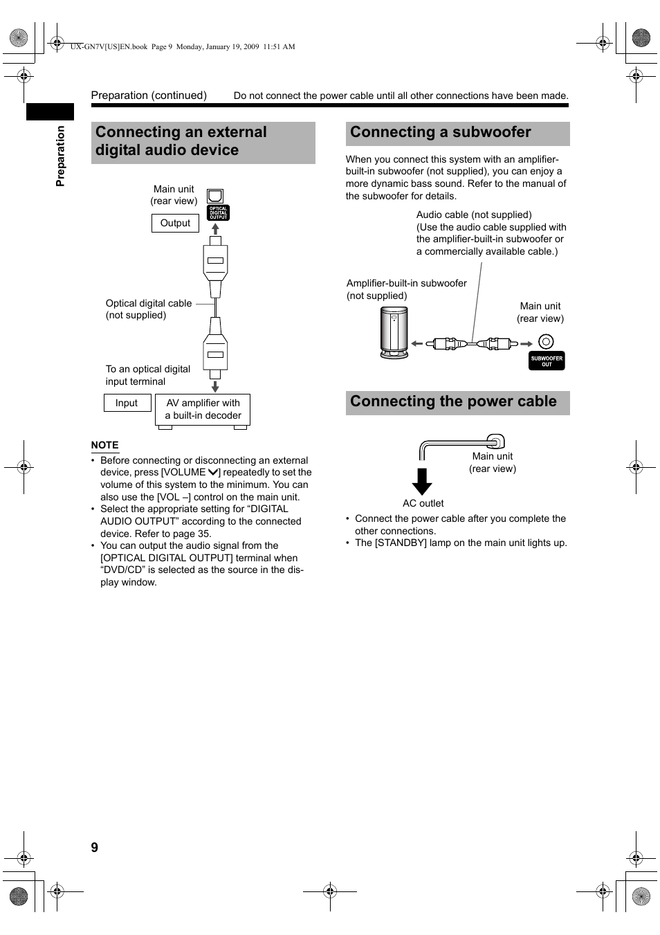 Connecting an external digital audio device, Connecting a subwoofer, Connecting the power cable | Connecting a subwoofer connecting the power cable | JVC CA-UXGN7V User Manual | Page 12 / 60