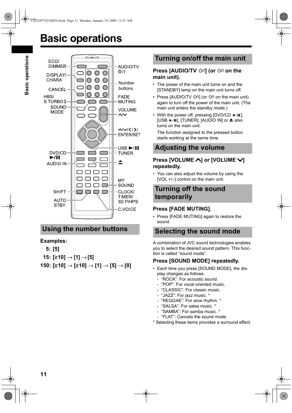 Basic operations, Using the number buttons, Turning on/off the main unit | Adjusting the volume, Turning off the sound temporarily, Selecting the sound mode | JVC CA-UXGN7V User Manual | Page 14 / 60