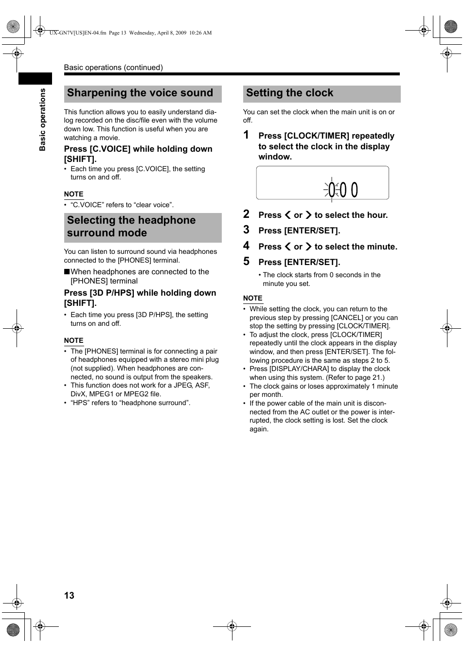 Sharpening the voice sound, Selecting the headphone surround mode, Setting the clock | JVC CA-UXGN7V User Manual | Page 16 / 60