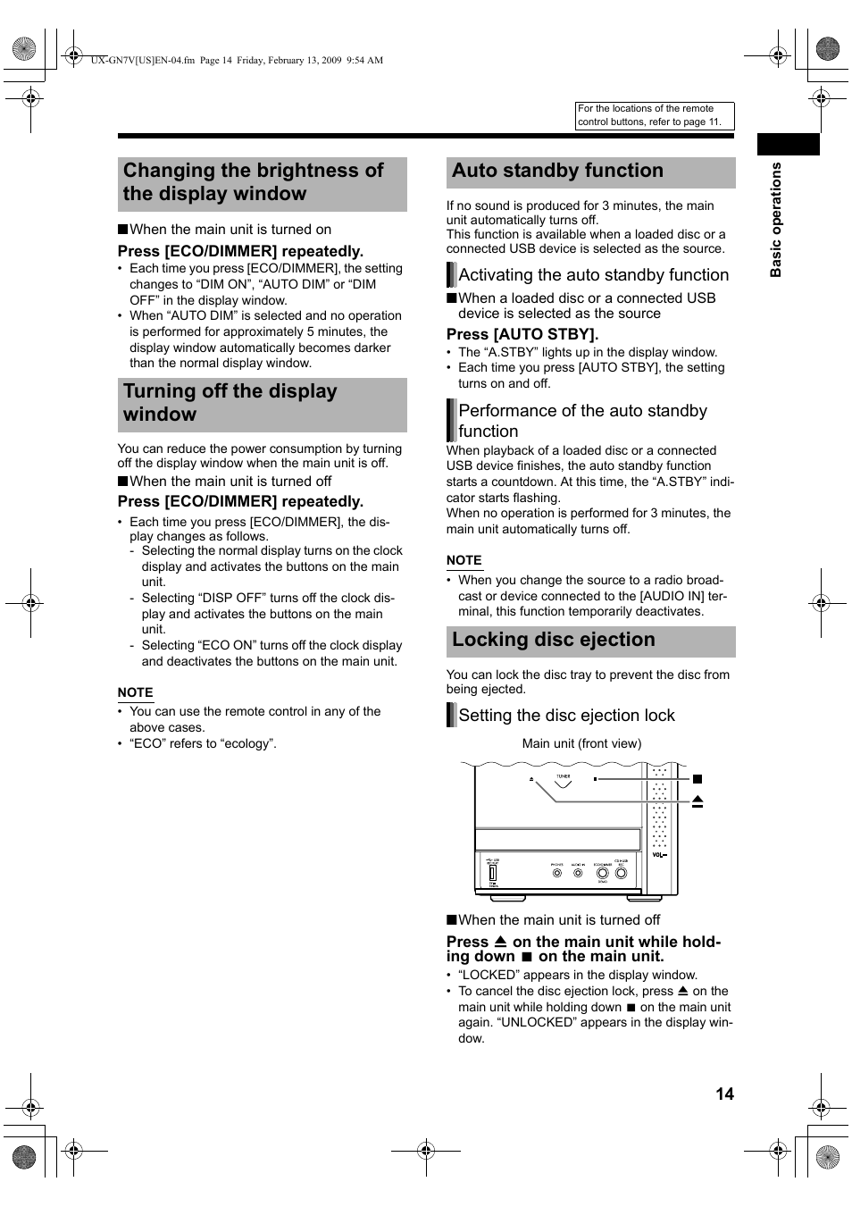 Changing the brightness of the display window, Turning off the display window, Auto standby function | Locking disc ejection | JVC CA-UXGN7V User Manual | Page 17 / 60