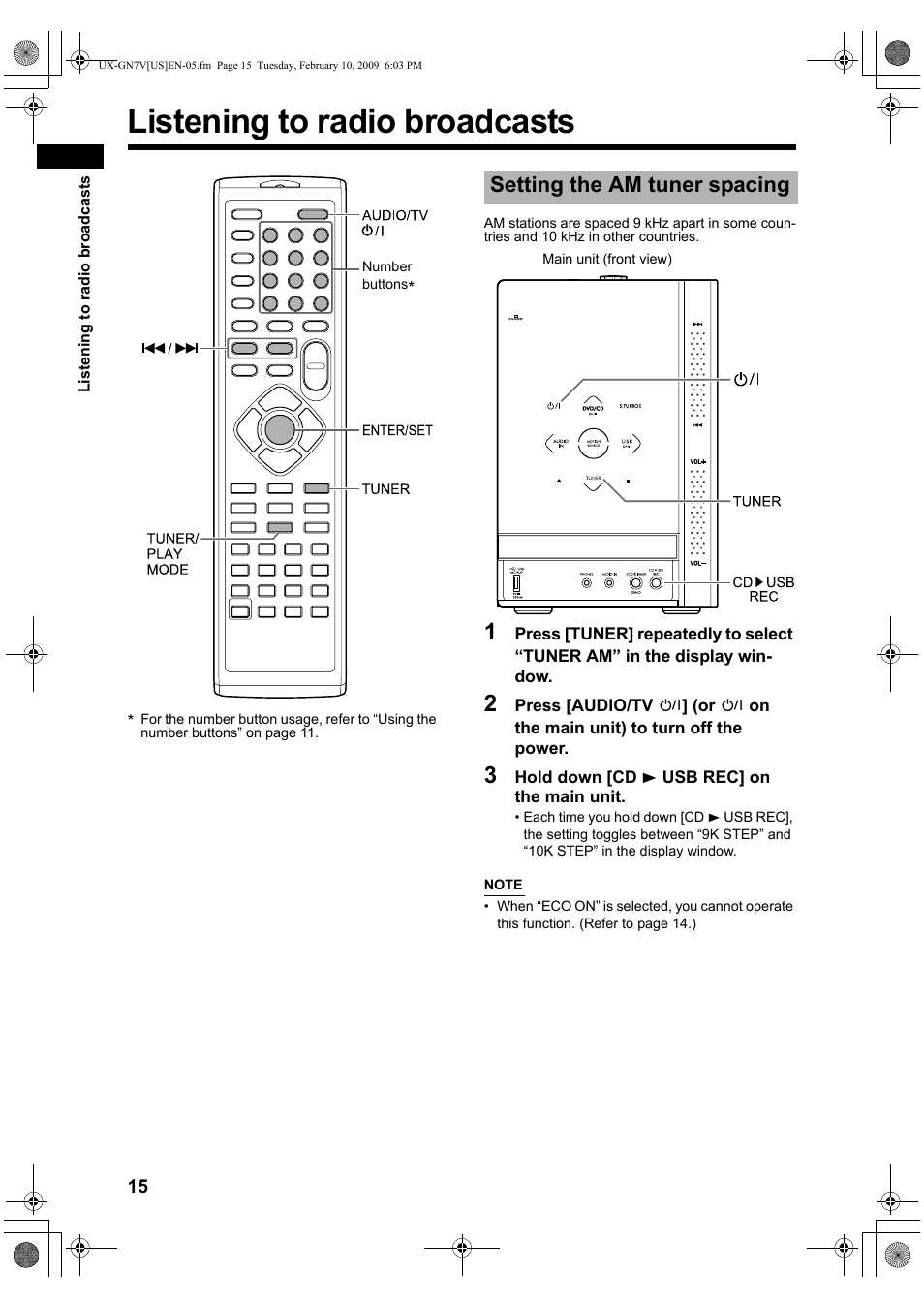 Listening to radio broadcasts, Setting the am tuner spacing | JVC CA-UXGN7V User Manual | Page 18 / 60