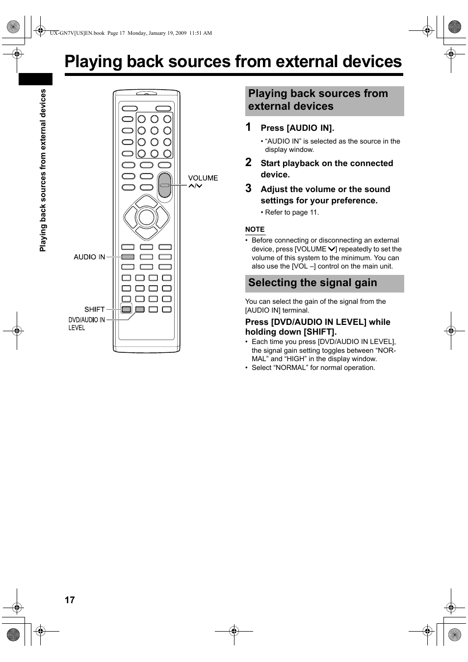 Playing back sources from external devices, Selecting the signal gain | JVC CA-UXGN7V User Manual | Page 20 / 60