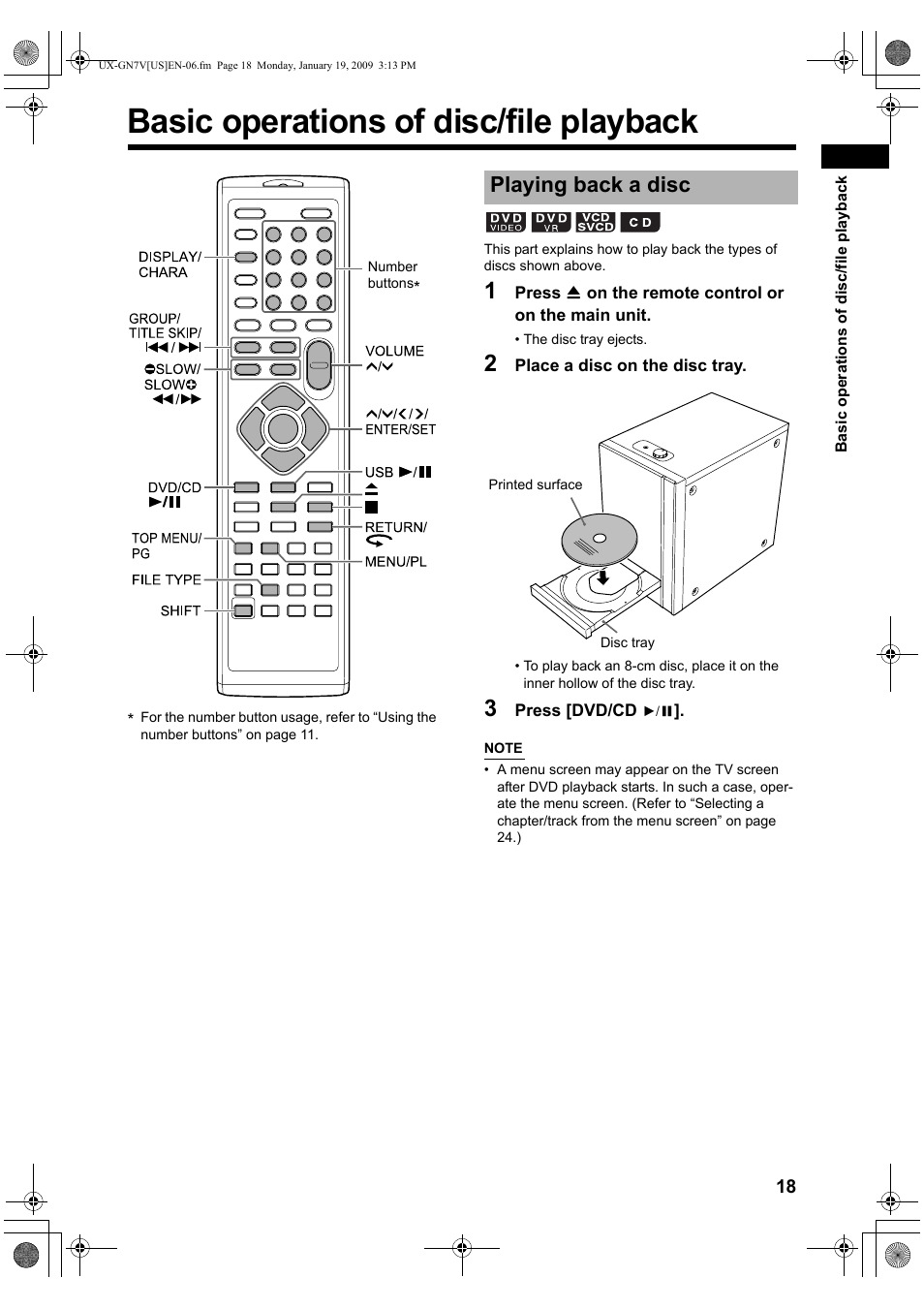 Basic operations of disc/file playback, Playing back a disc | JVC CA-UXGN7V User Manual | Page 21 / 60