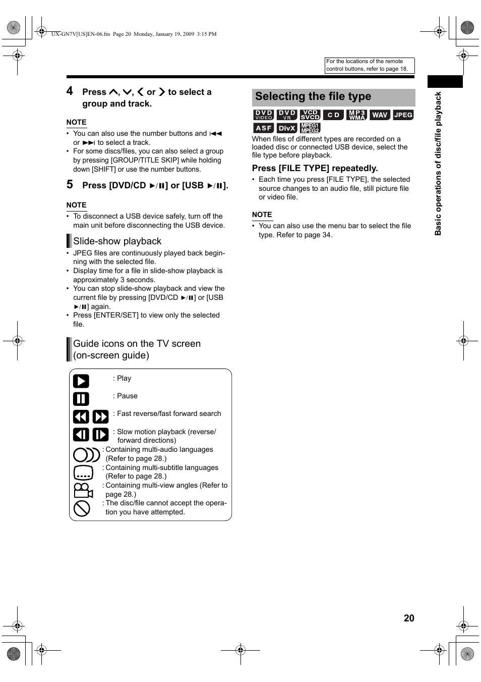 Selecting the file type, Slide-show playback, Guide icons on the tv screen (on-screen guide) | JVC CA-UXGN7V User Manual | Page 23 / 60