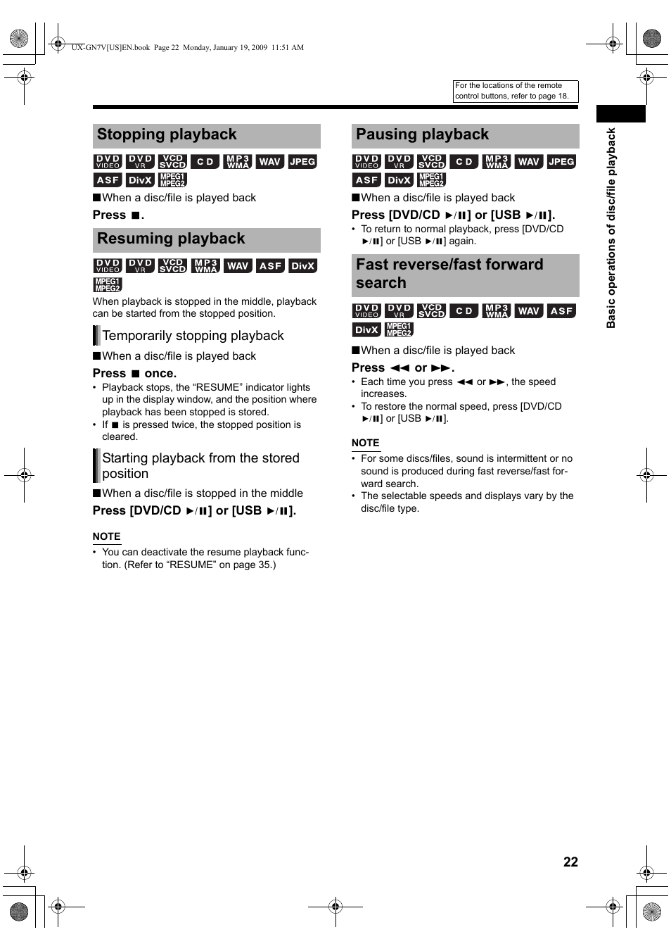 Stopping playback, Resuming playback, Pausing playback | Fast reverse/fast forward search, Stopping playback resuming playback, Pausing playback fast reverse/fast forward search | JVC CA-UXGN7V User Manual | Page 25 / 60