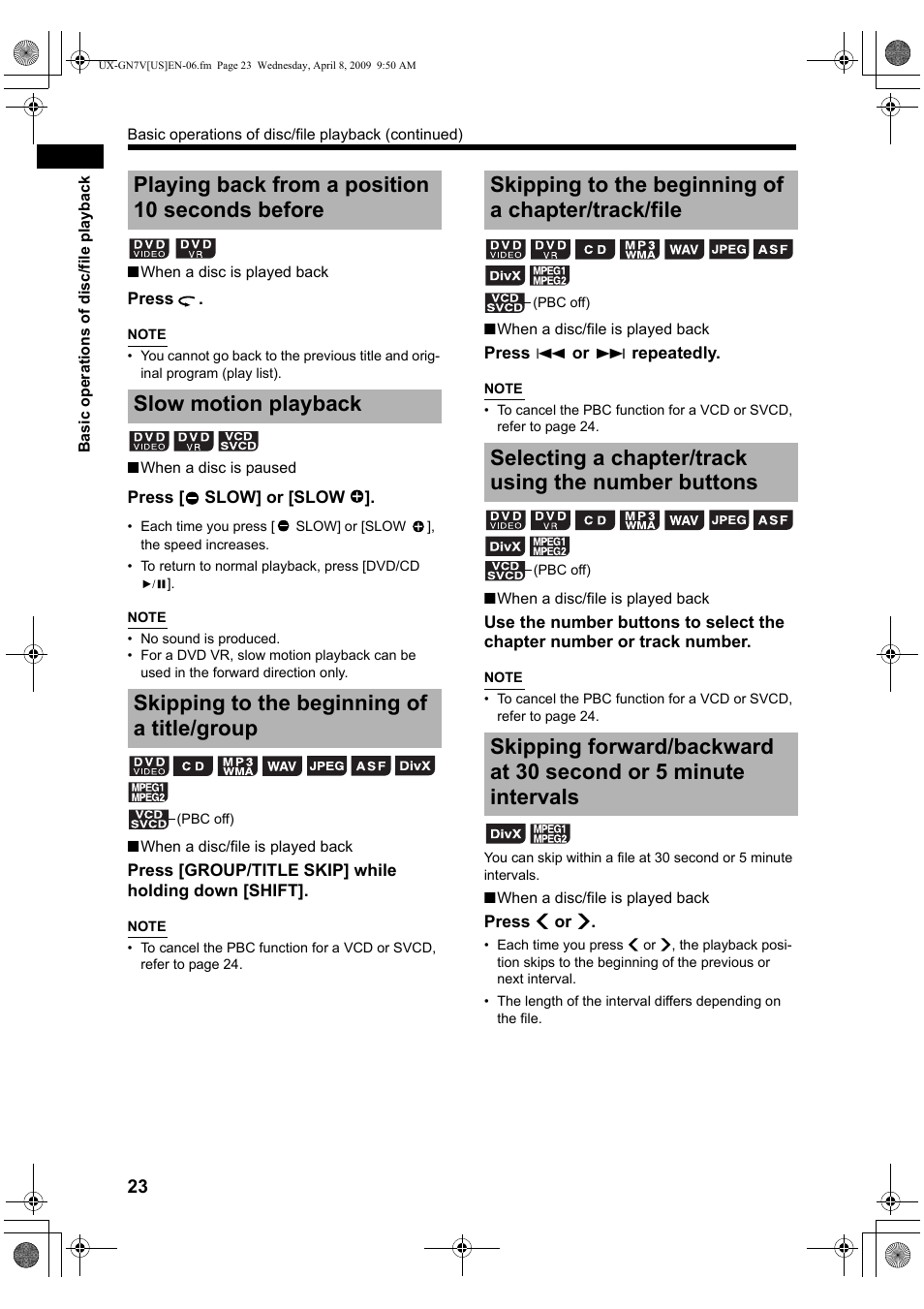 Playing back from a position 10 seconds before, Slow motion playback, Skipping to the beginning of a title/group | Skipping to the beginning of a chapter/track/file, Selecting a chapter/track using the number buttons | JVC CA-UXGN7V User Manual | Page 26 / 60